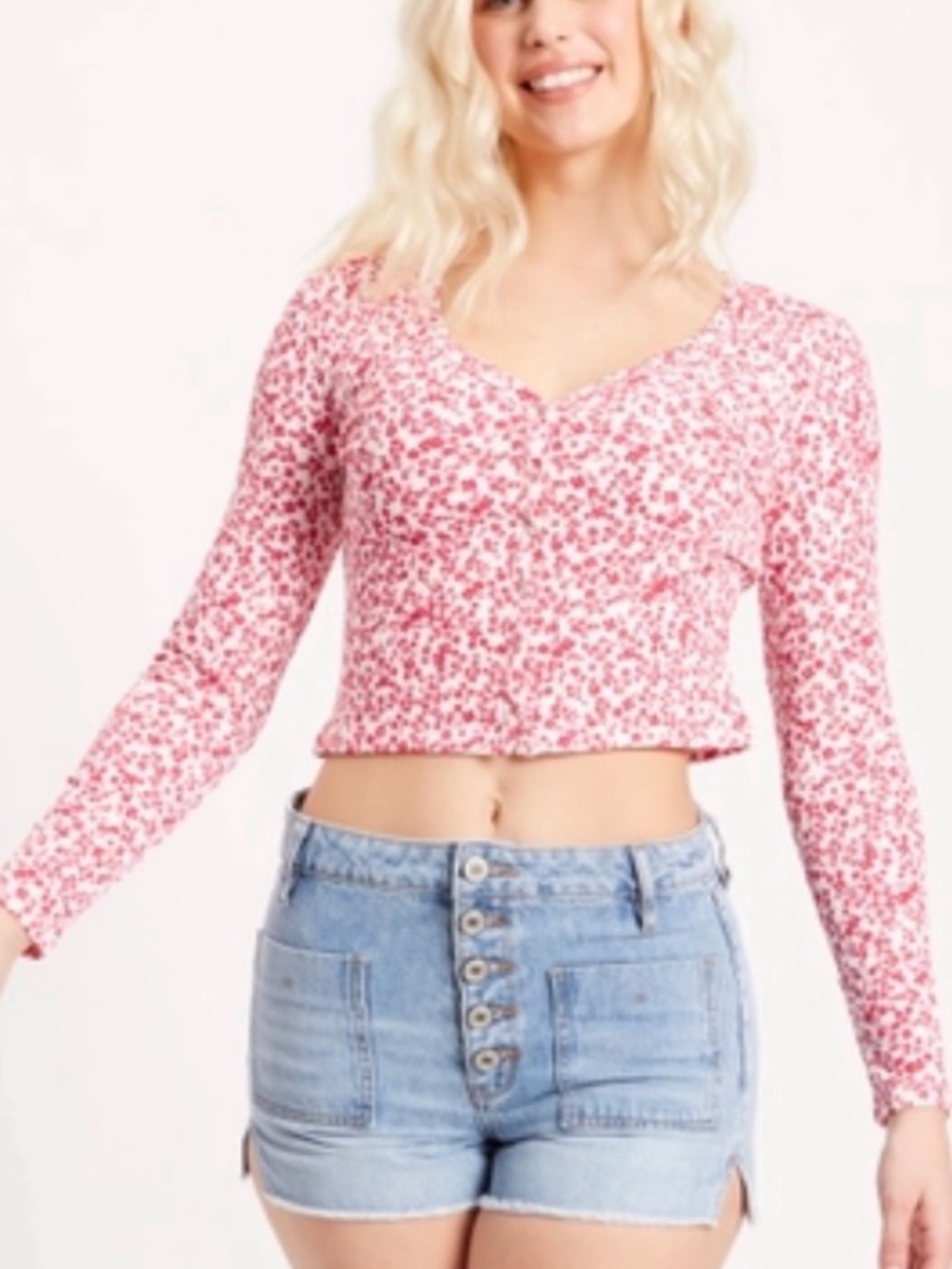 Rue21 Pink Floral Long-Sleeve Snap Front Henley Cropped Top